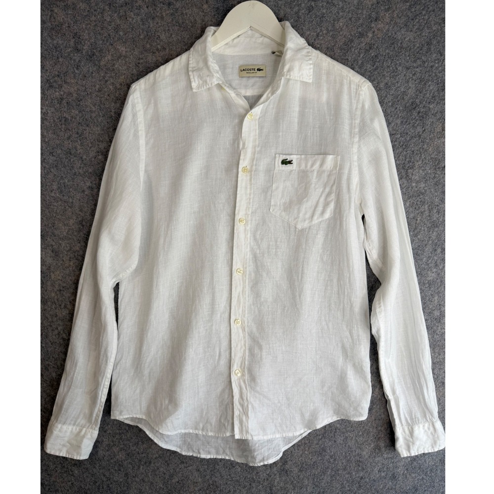 Lacoste Regular Fit White Linen Long Sleeve Button Up Shirt Mens S Coastal Beach